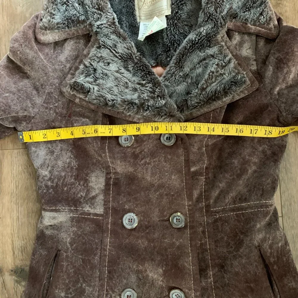 Vintage Penny Lane Pea Coat Faux Suede Fur Trim Double Breasted Overcoat - Picture 13 of 16
